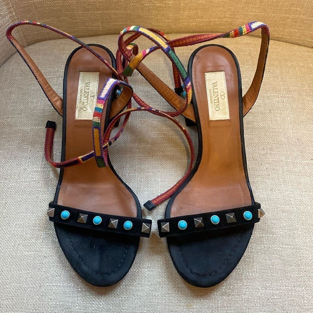 Valentino Black Suede Multicolored Rockstud Sandals 👡